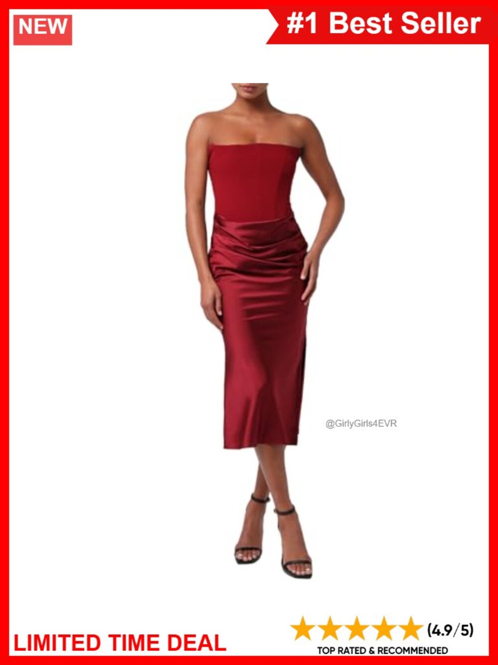 Satin Strapless Corset Midi Dress Drape Front Formal Party